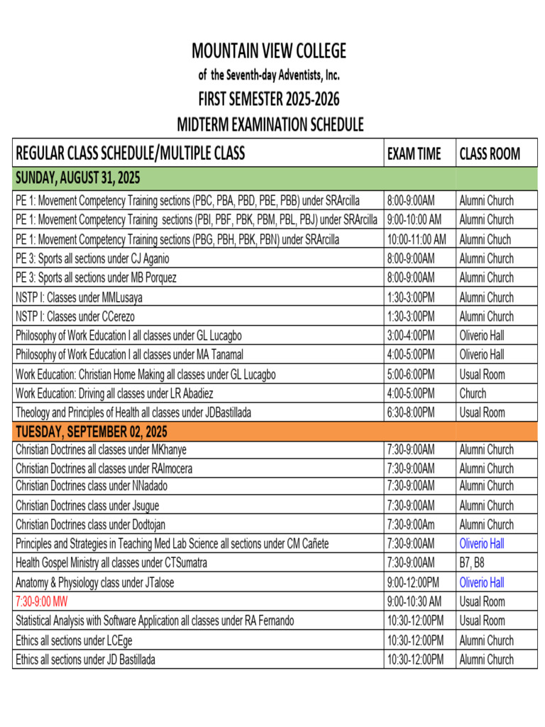 Mountain View College Midterm Exam Schedule | PDF