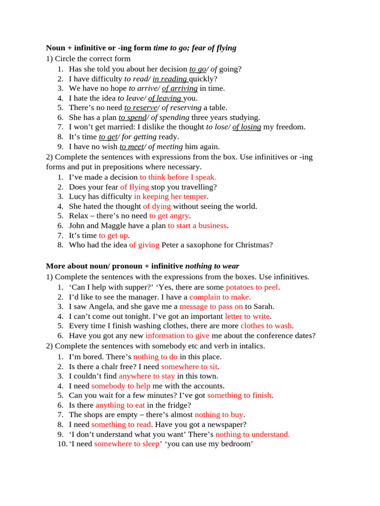 Noun + Infinitive and -ing Form Exercises | PDF | Syntax | Linguistics