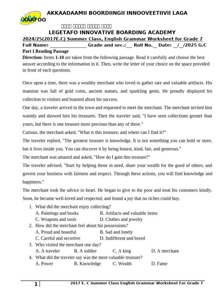 Grade 7 English Grammar Worksheet | PDF