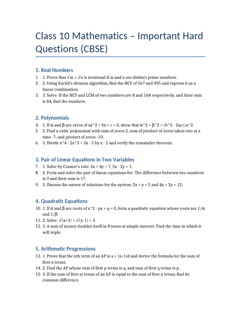 Class 10 Math Hard Questions CBSE | PDF | Circle | Area