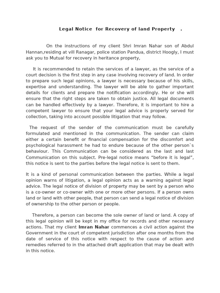 Legal Notice for Property Recovery | PDF | Lawyer | Complaint