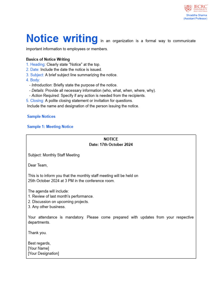 Essentials of Notice Writing | PDF | Memorandum | Business