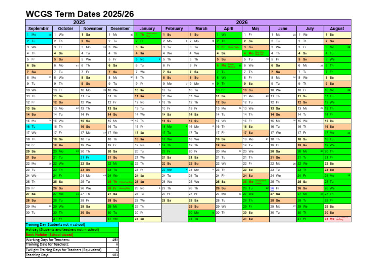 WCGS Term Dates 2025/26: September October November December January ...