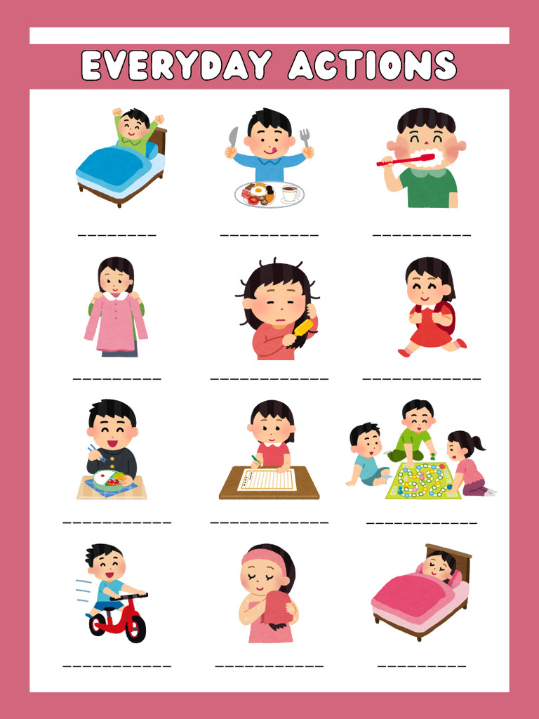 Daily Routine Picture Dictionary Worksheet in Pink Cute Style | PDF