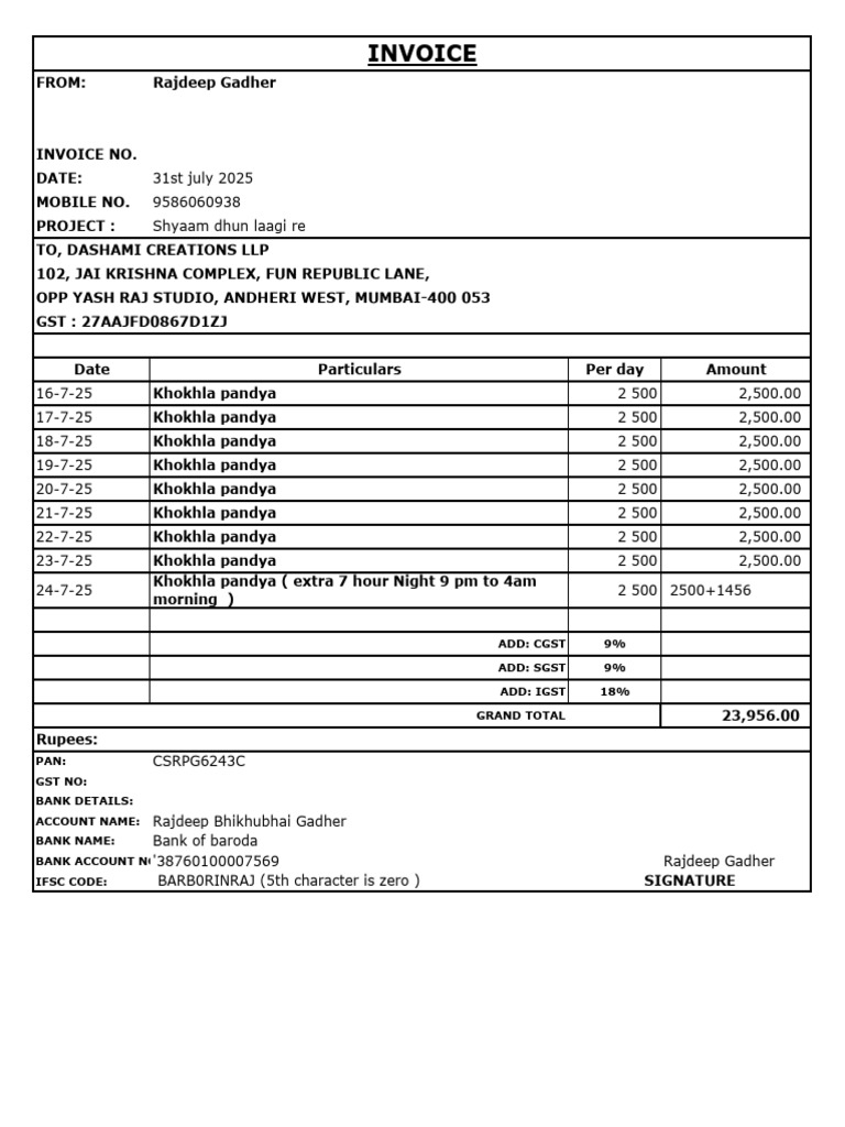 Khokhla Pandya Invoice 31st July | PDF
