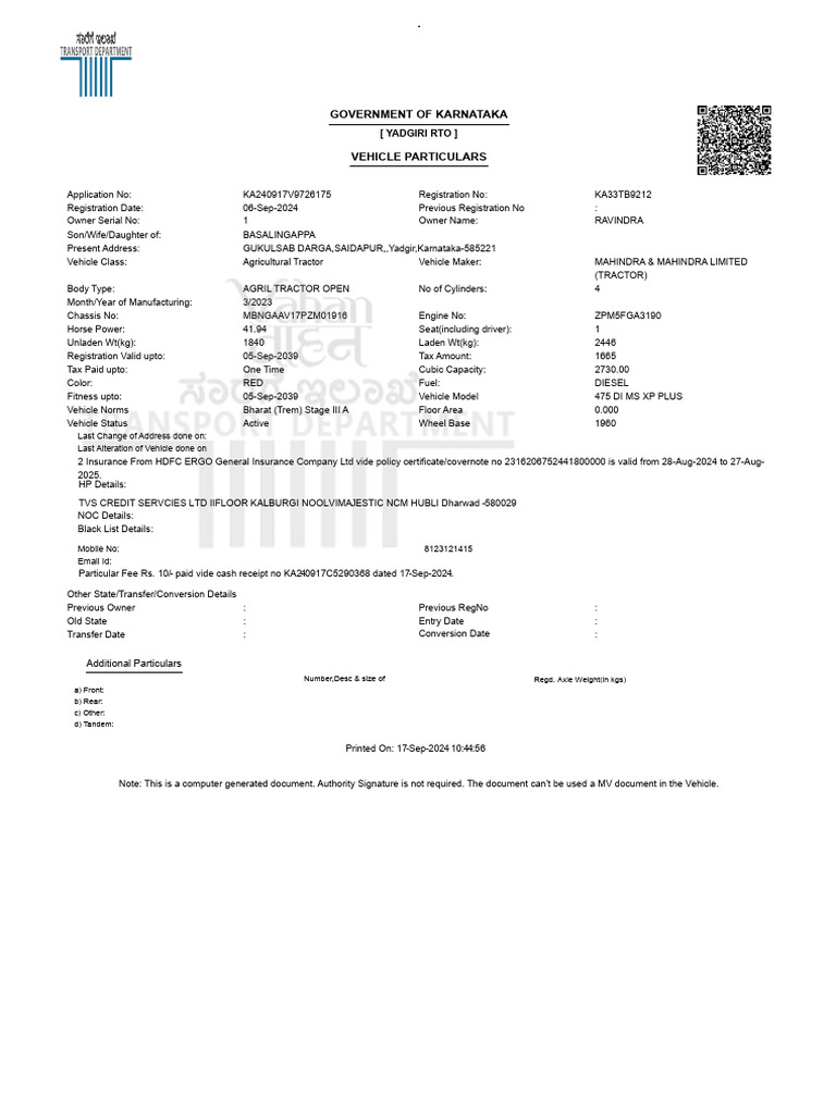 Mahindra Tractor Registration Details | PDF | Vehicle Technology ...
