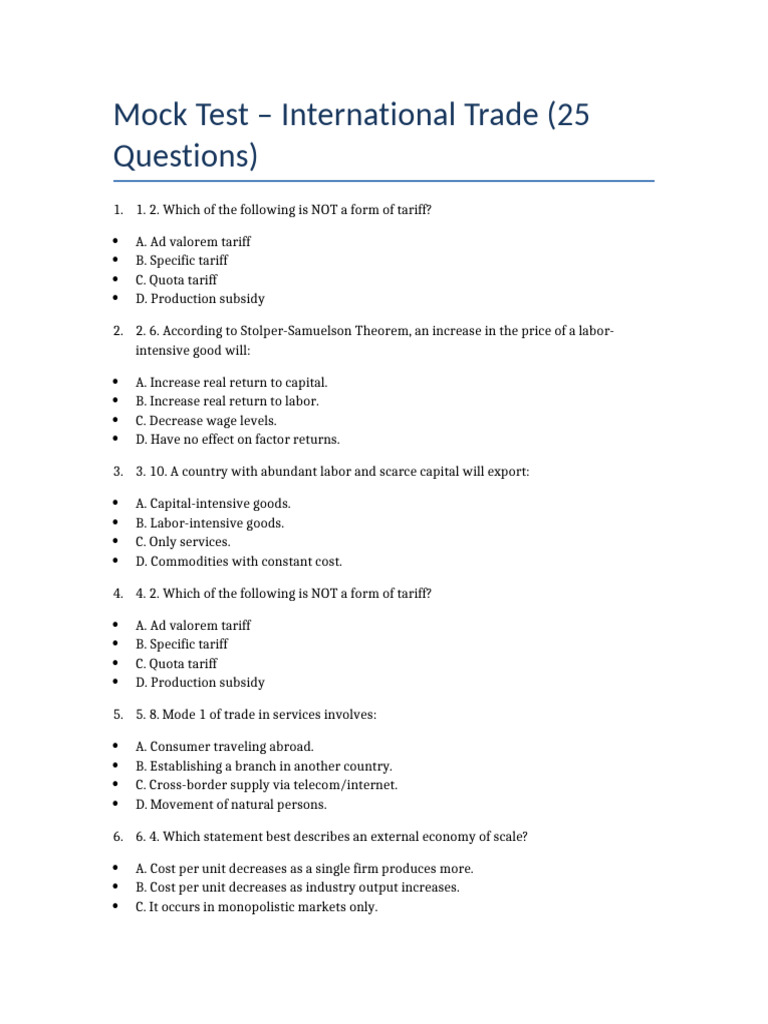 International Trade Mock Test: 25 Questions | PDF | Economies | Trade