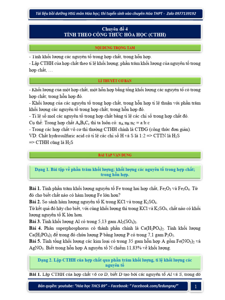 CĐ4 - TÍNH THEO CÔNG THỨC HÓA HỌC (CTHH) - Lí thuyết + Bài tập | PDF
