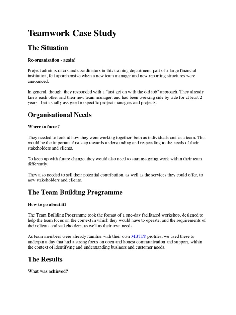 Teamwork Case Study PDF Team Building Stakeholder (Corporate)