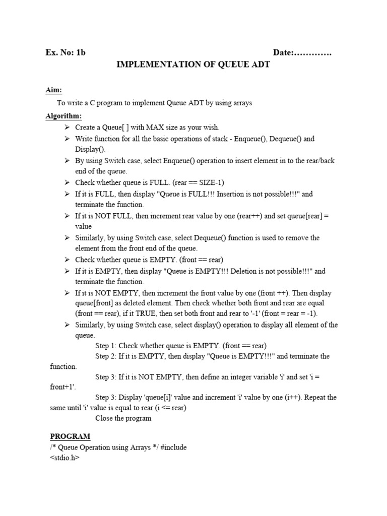 C Program for Queue ADT Implementation | PDF | Queue (Abstract Data ...