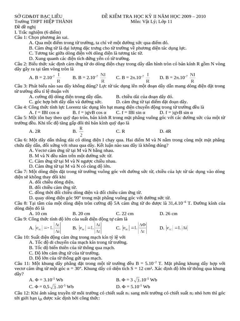 De Thi Hoc Ky 2 Vat Ly 11 So GDDT Bac Lieu | PDF