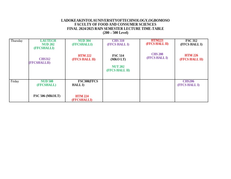 10.Ffcs Final 2024 - 2025 Rain Semester Lecture Time Table For 200level ...
