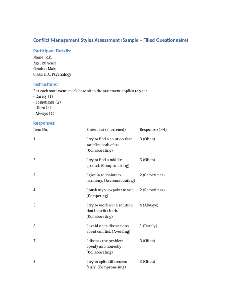 Conflict Management Styles Assessment Results | PDF | Psychology ...