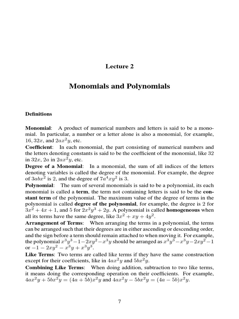 02 - Monomials and Plynomials | PDF | Polynomial | Discrete Mathematics
