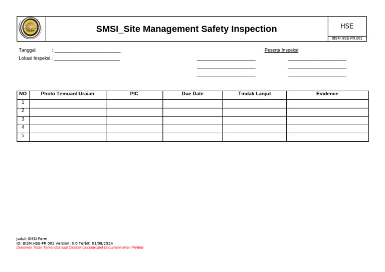 SMSI Safety Inspection Form | PDF