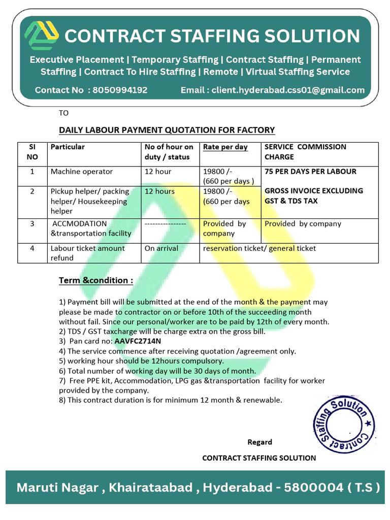 Daily Labour Payment Quotation For Factory | PDF