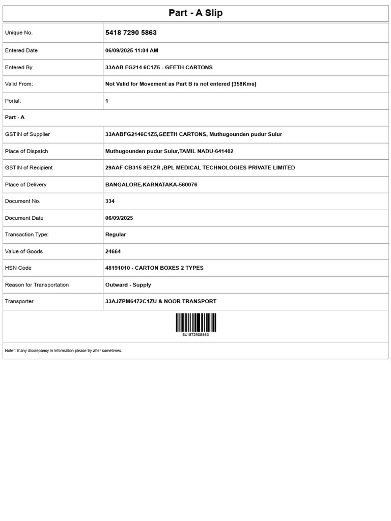 GST Part A Slip for Geeth Cartons | PDF
