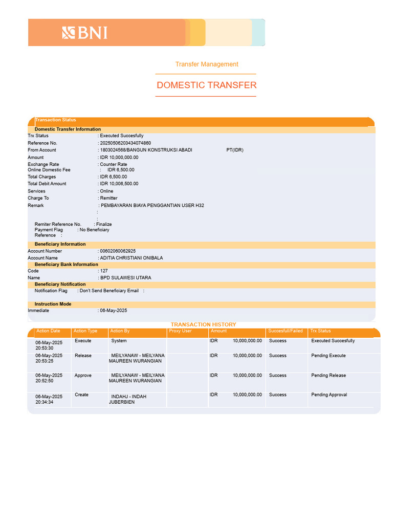 Domestic Transfer Transaction Details | PDF