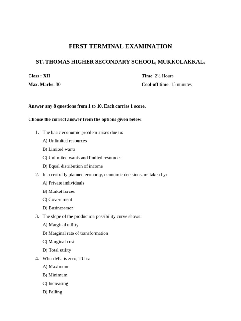 Class XII Economics Terminal Exam Questions | PDF | Average Cost ...
