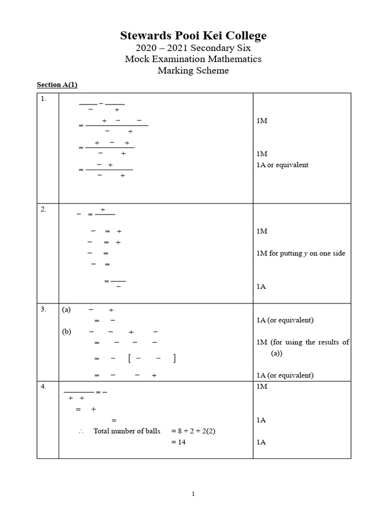 2021 Mock Mathematics S6 Paper 1 Marking Scheme (Combined) | PDF ...