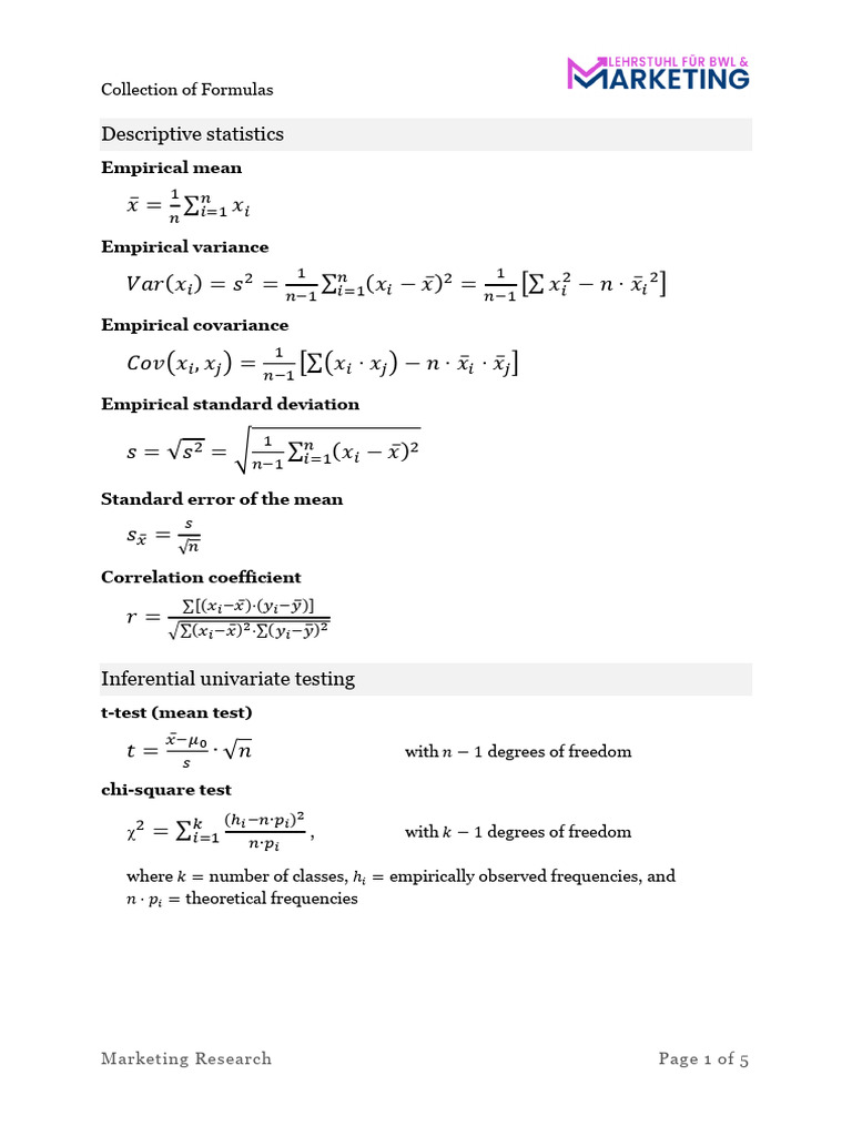 Essential Marketing Research Formulas | PDF | Student's T Test ...