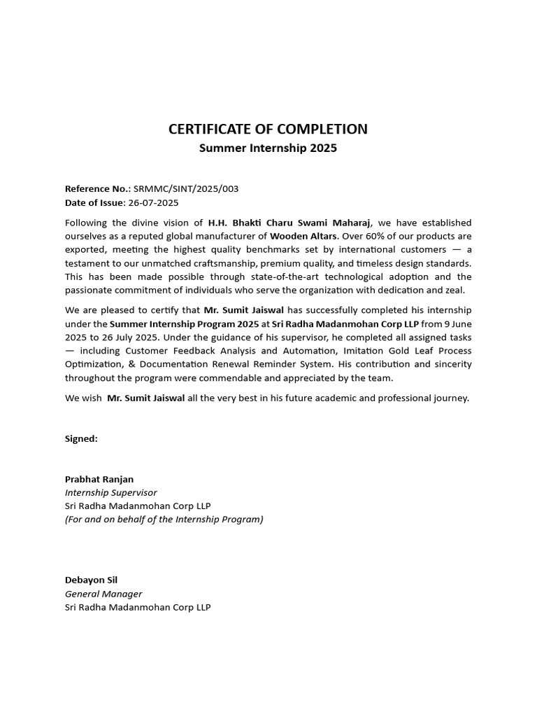 Summer Internship Completion Certificate | PDF