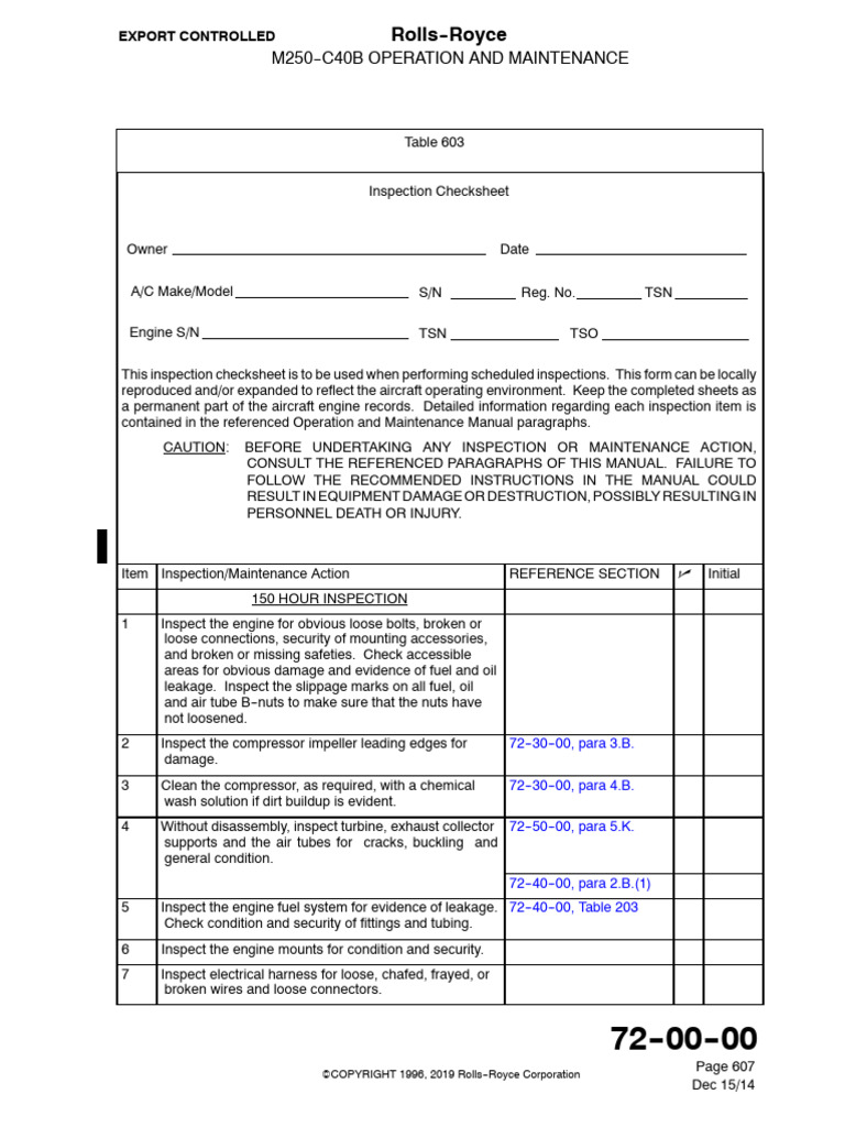 M250-C40B Engine Inspection Checksheet | PDF | Motor Oil | Welding