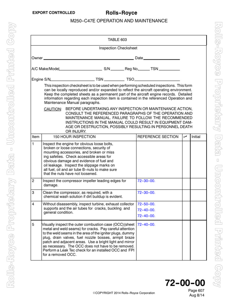 M250-C47E Engine Inspection Checksheet | PDF | Motor Oil | Mechanical ...
