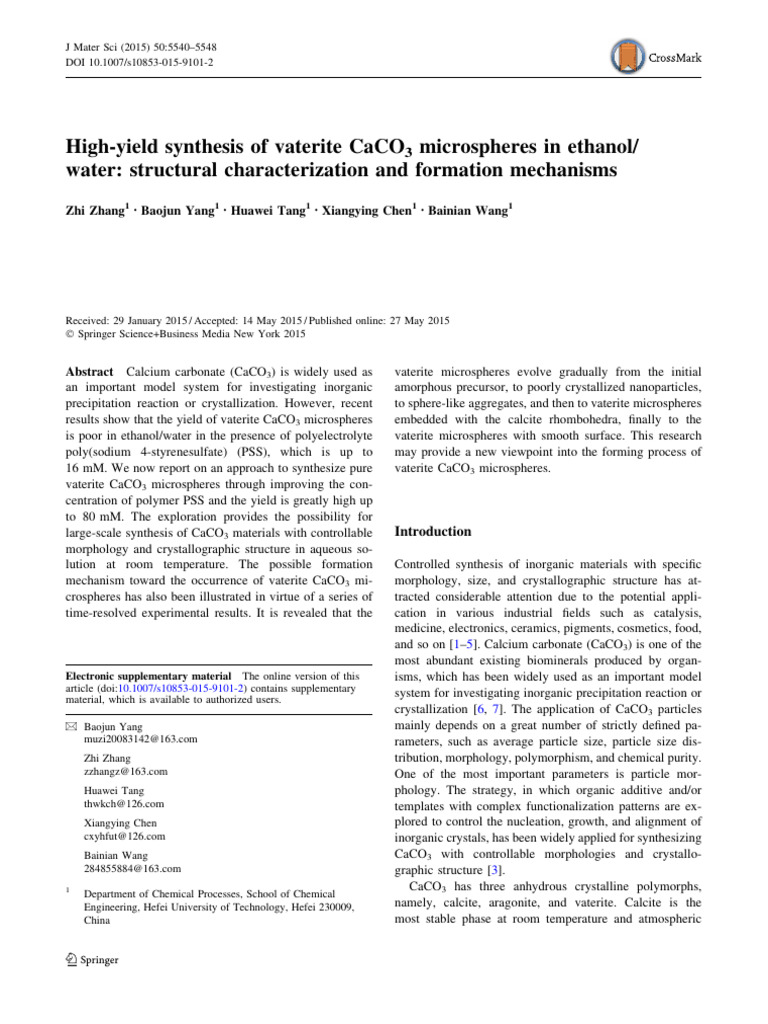 High-Yield Synthesis of Vaterite CaCO3 | PDF | Calcite | Nanoparticle