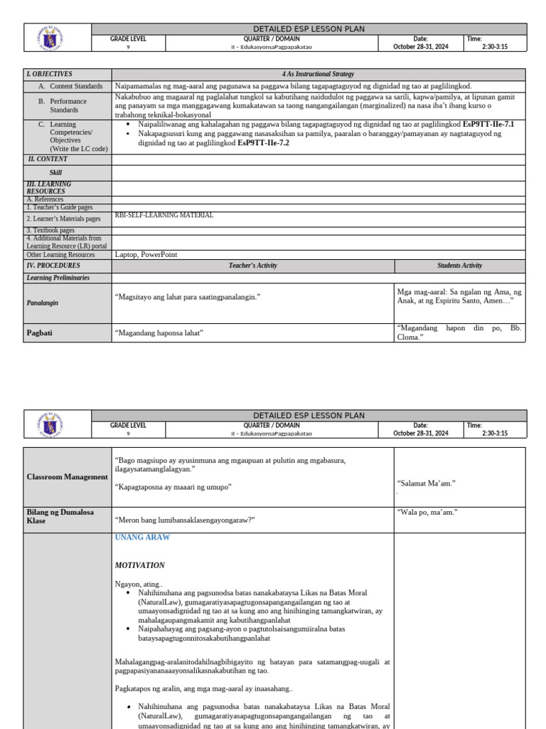 Esp9Tt-Iie-7.1 Esp9Tt-Iie-7.2: Detailed Esp Lesson Plan | PDF