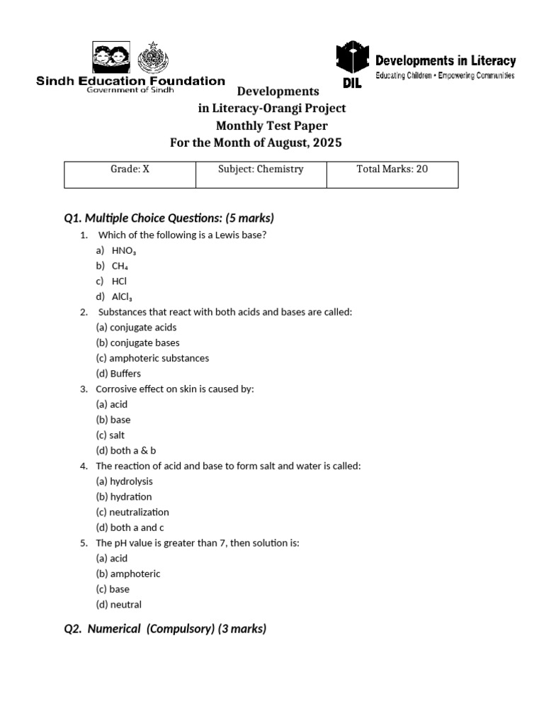 August 2025 Chemistry Test Paper Grade X | PDF