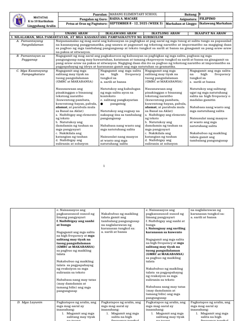 Filipino Matatag DLL 3 - q2 - w3 | PDF