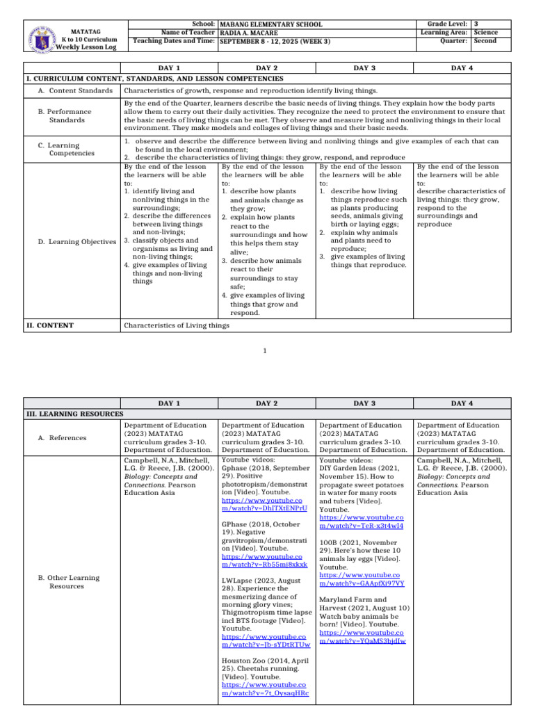Grade 3 Science Weekly Lesson Plan | PDF | Seed | Trees