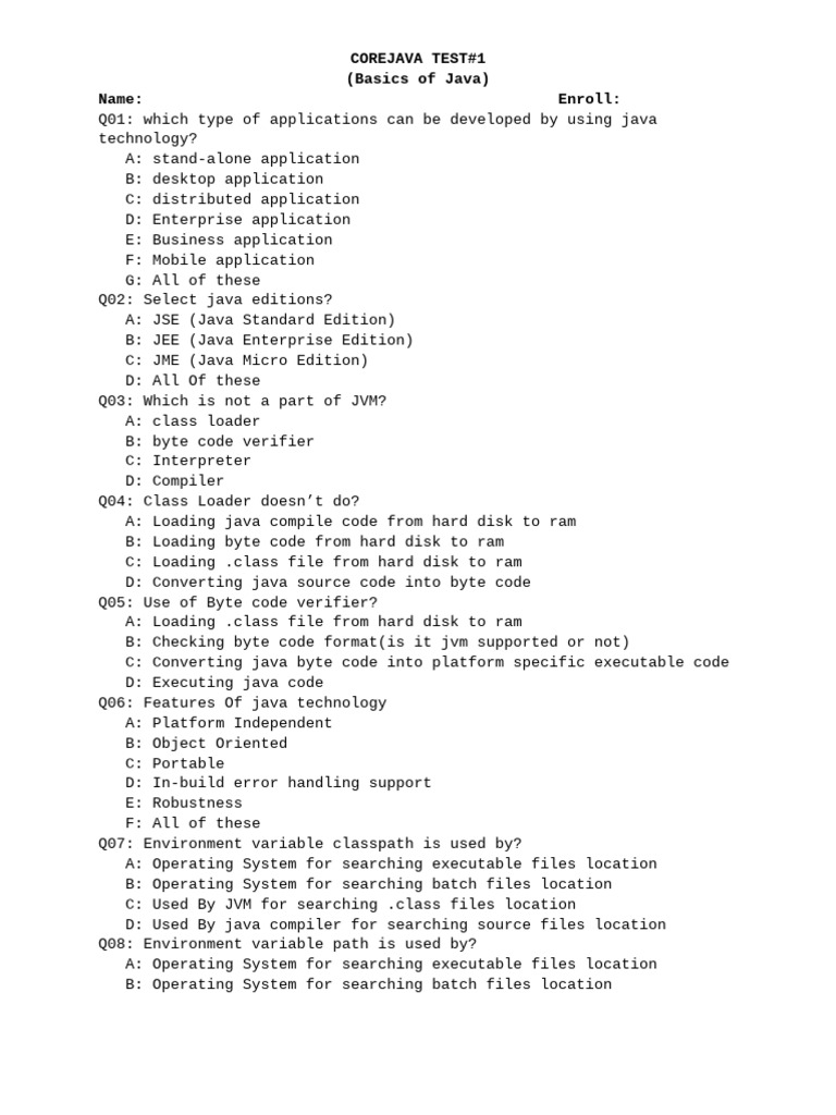 Core Java Basics Test Questions | PDF | Java (Programming Language ...