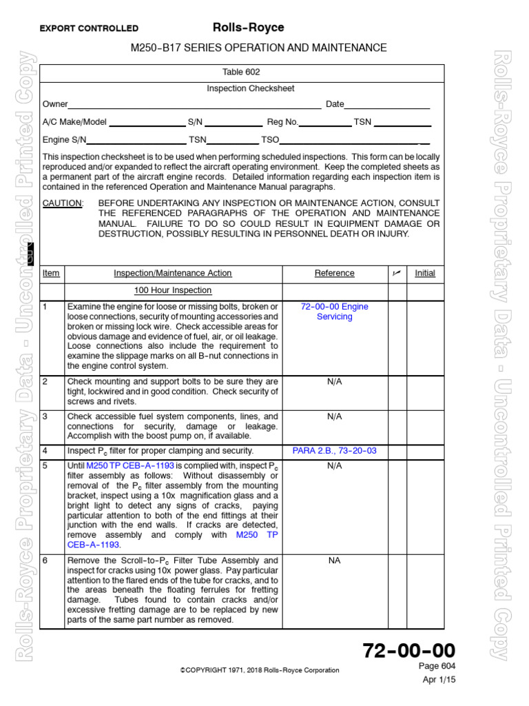 M250-B17 Engine Inspection Checksheet | PDF | Pump | Valve