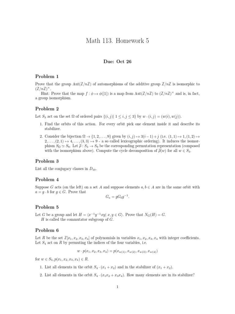 Math 113 Homework 5 Problems | PDF | Permutation | Representation Theory