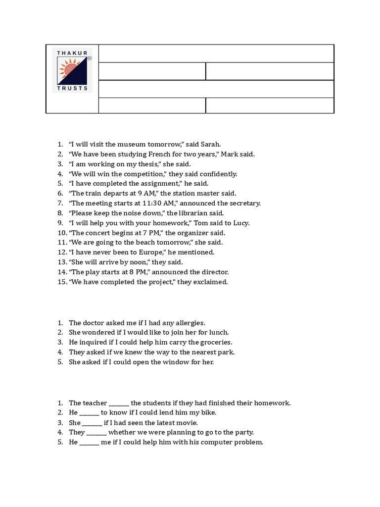 Direct and Indirect Speech Worksheet | PDF