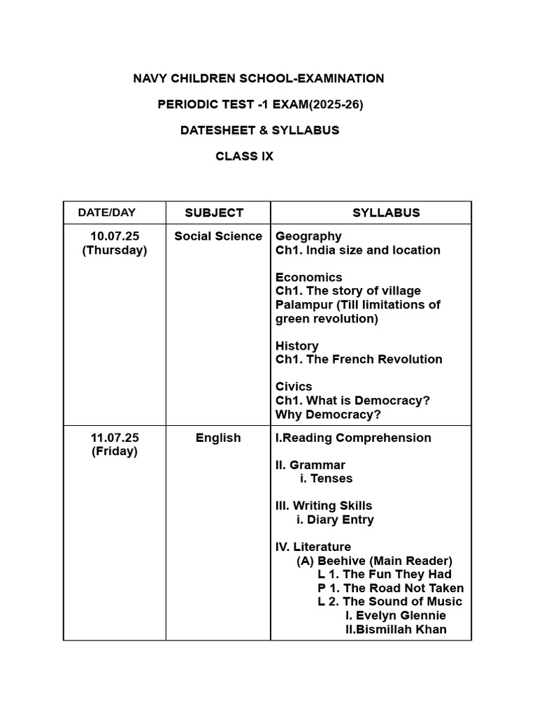 Class IX Periodic Test 1 Datesheet 2025-26 | PDF