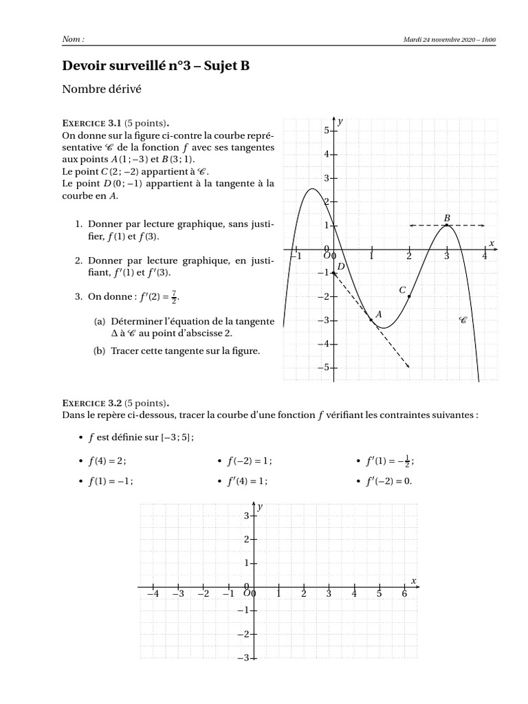 Devoir sur les dérivées et tangentes | PDF | Tangente (géométrie ...