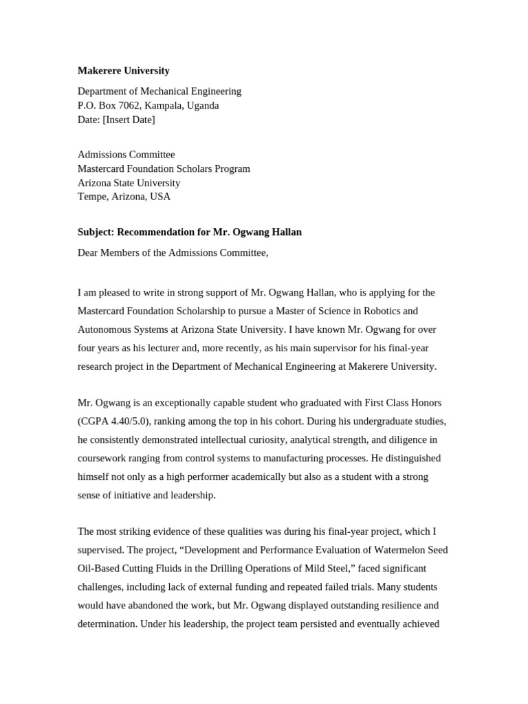 Recommendation for Ogwang Hallan's Scholarship | PDF