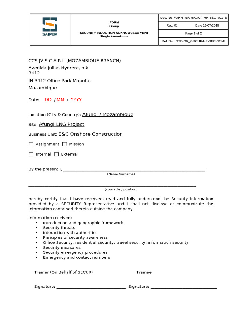 Form GR Group HR Sec 016 e r01 Attendance Single Afungi | PDF