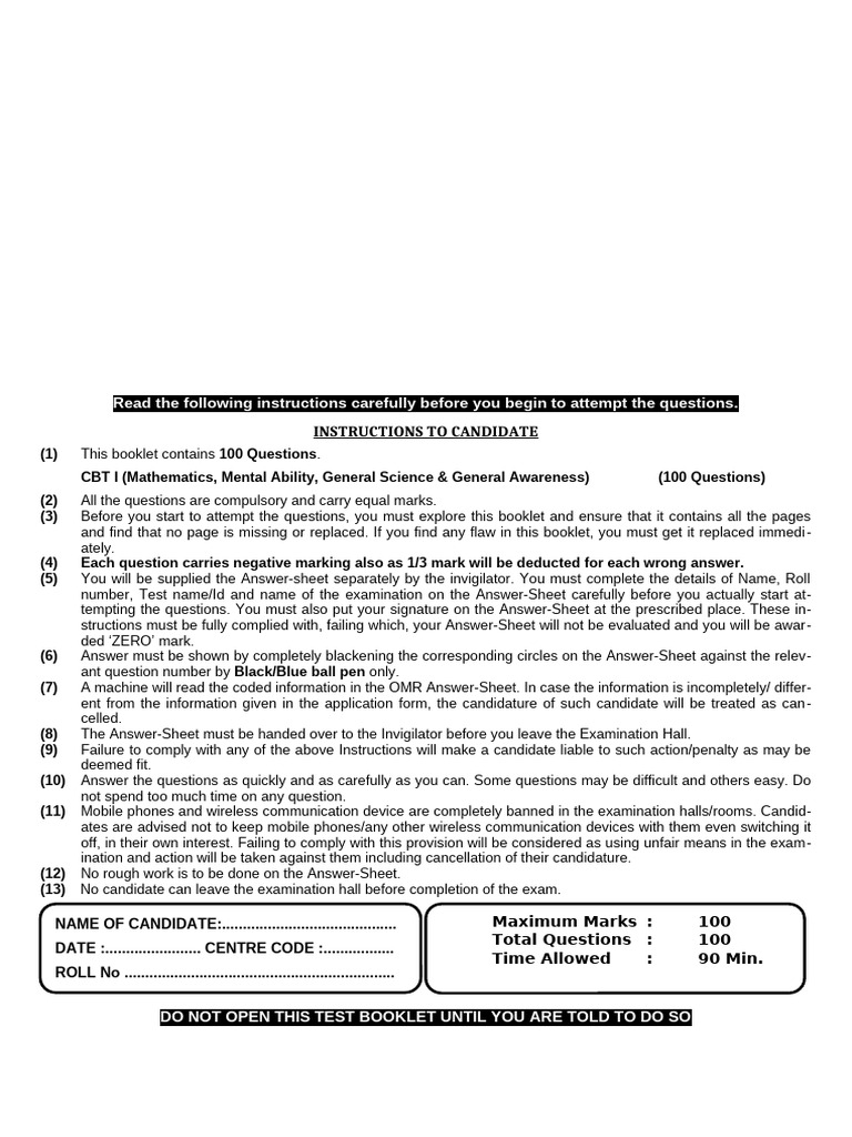 CBT I Exam Instructions and Questions Guide | PDF | Matrix (Mathematics)