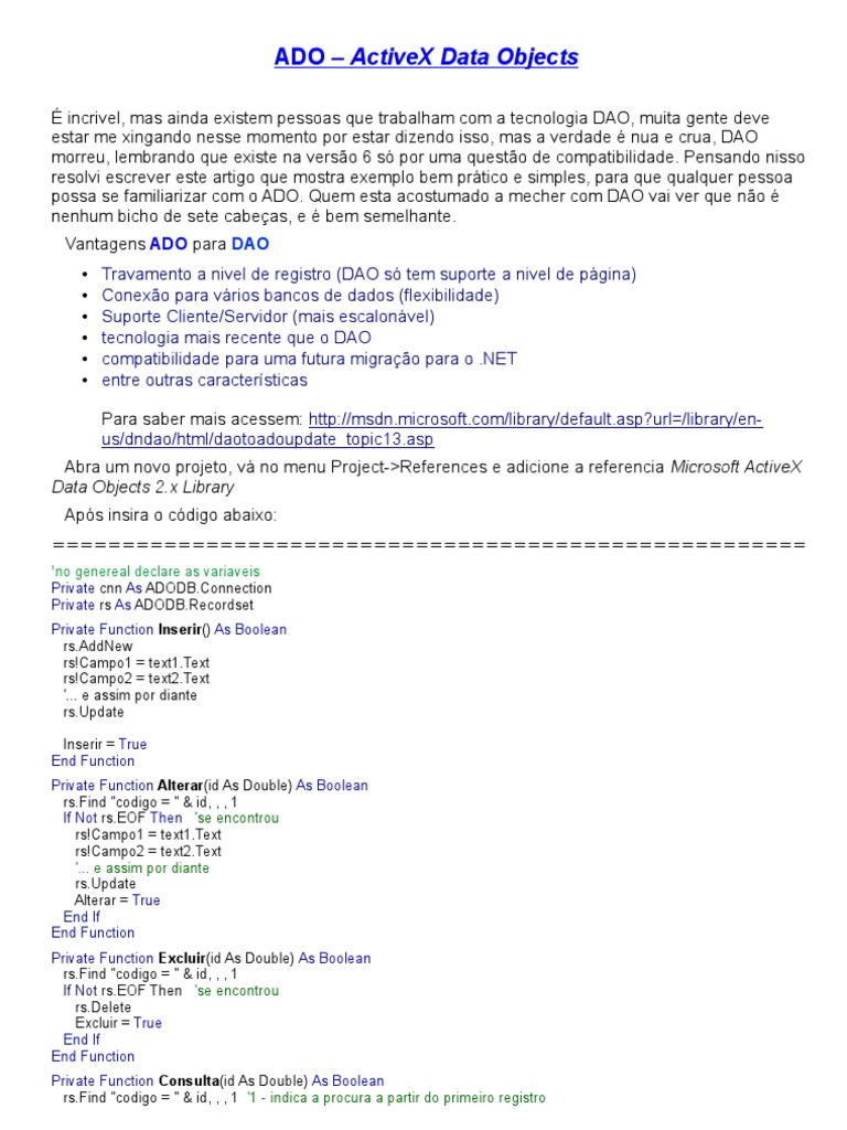 Introdução ao ActiveX Data Objects | PDF | Programas | Informática
