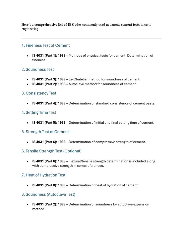 IS Codes for Cement Testing Methods | PDF