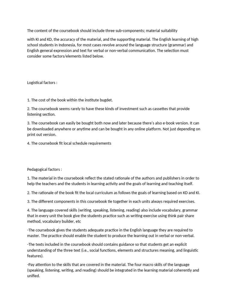 The Content of The Coursebook | PDF | Textbook | Indonesian Language
