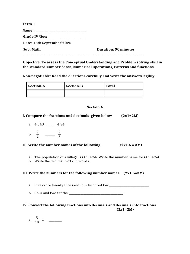 Grade IV Math Assessment: Number Sense | PDF | Decimal | Discrete ...