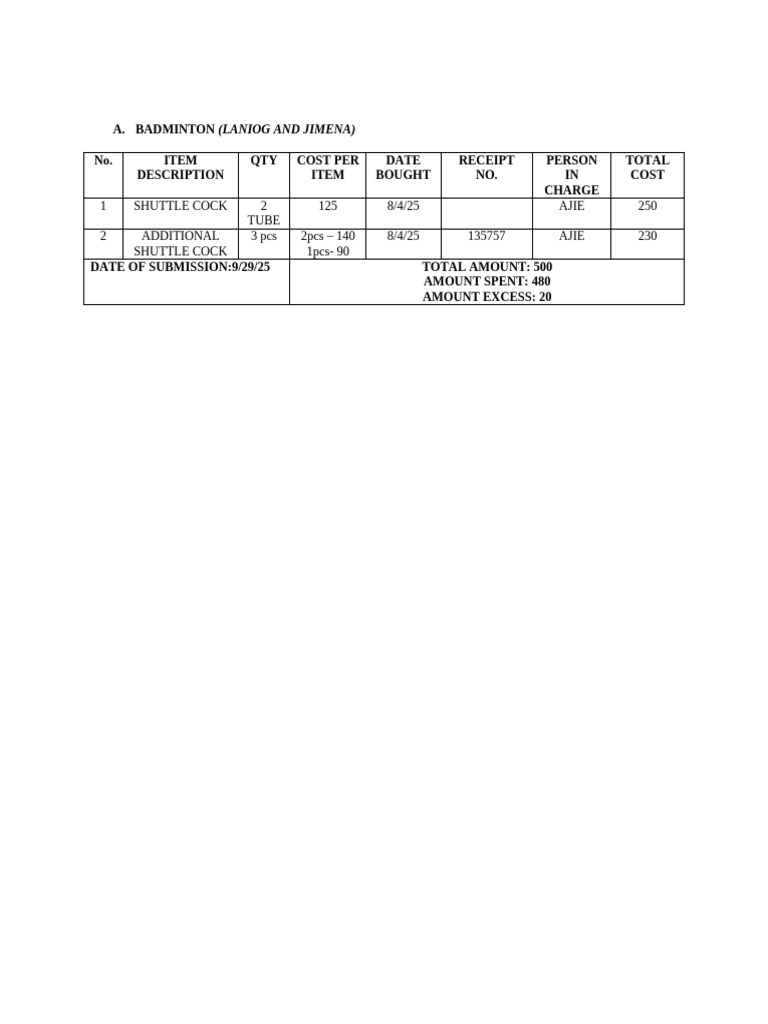 Badminton Purchase Summary Report | PDF