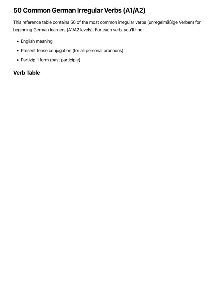 50 Common German Irregular Verbs (A1 - A2) | PDF