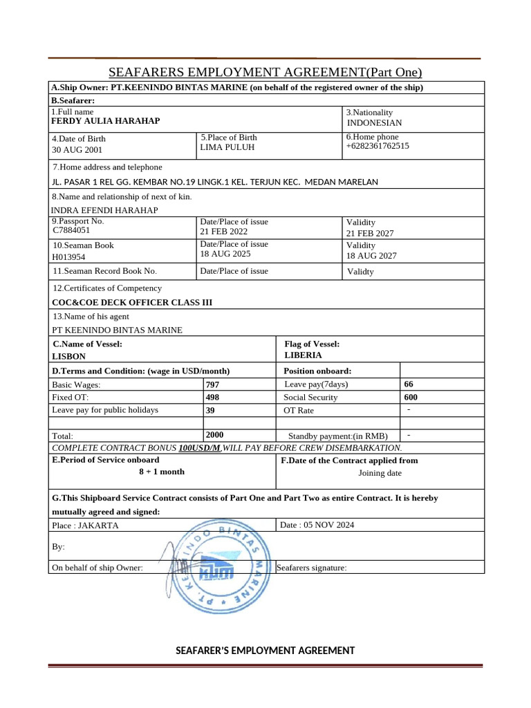 Seafarers Employment Agreement Overview | PDF | Overtime | Sailor