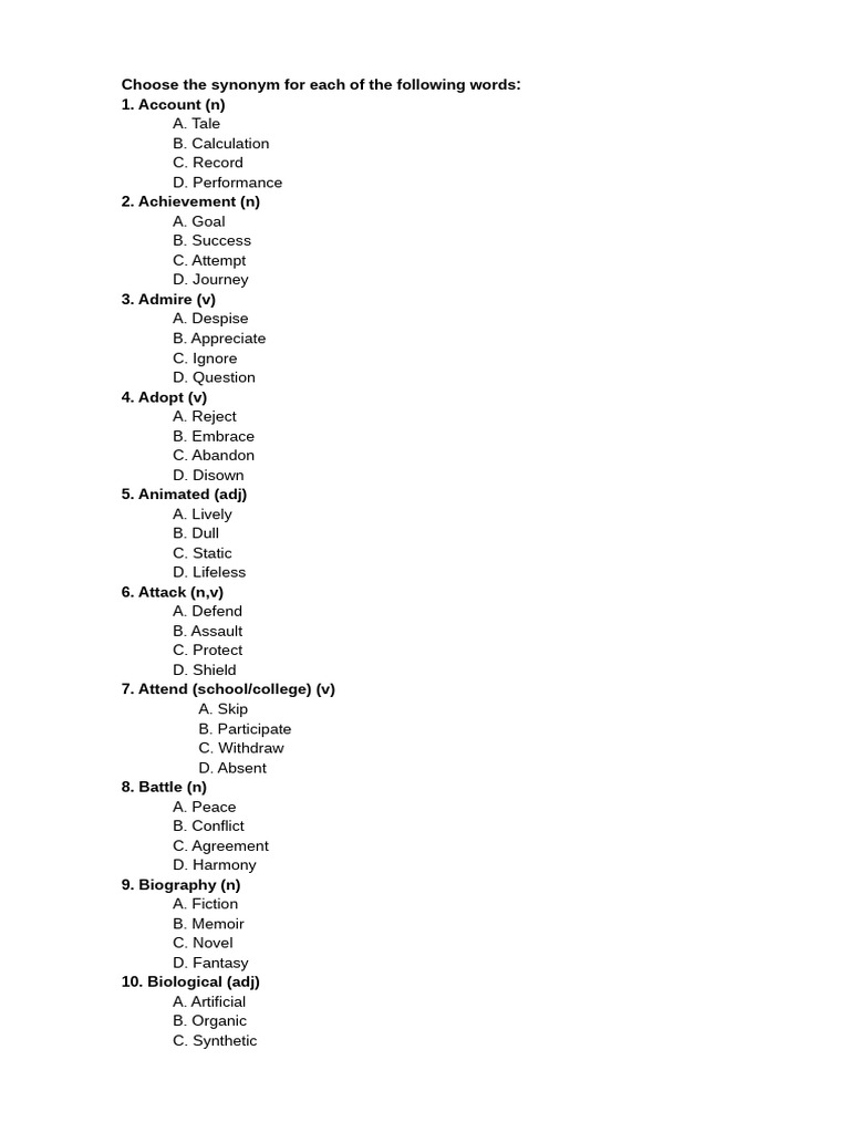 Choose The Synonym For Each of The Following Words | PDF
